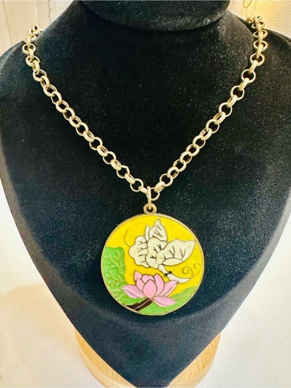 Vintage Cloisonné Lotus Butterfly Medallion Necklace